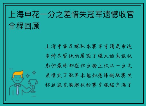 上海申花一分之差惜失冠军遗憾收官全程回顾 上海申花一分之差惜失冠军遗憾收官全程回顾